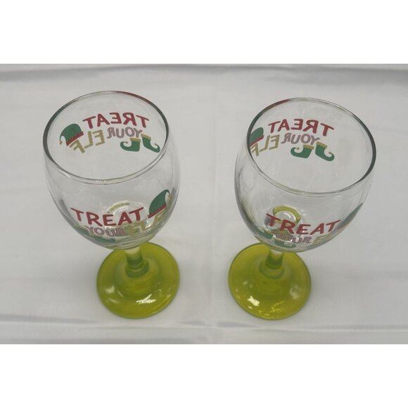 Cristar Set-2 "Treat Your Elf" Holiday Wine Glasses With Green Ombre Stems - Picture 2 of 4